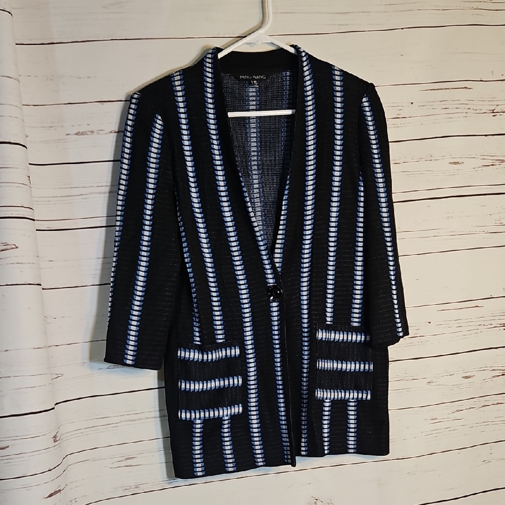 Ming Wang Knit Jacket XS Black Blue Geometric Career Office Blazer,‎ XS